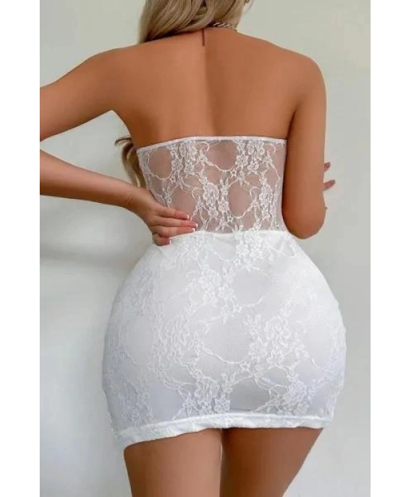 Beyaz Dantel İşlemeli Göğüs Dekolteli Seksi 5081