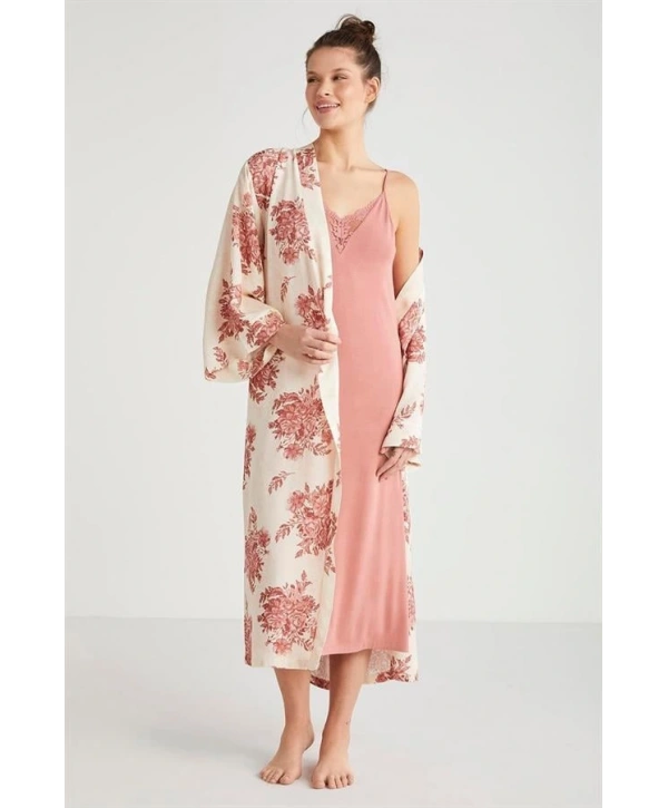 Catherines %100  Viskon Çiçek Desen 2li Sabahlık Gecelik Takımı