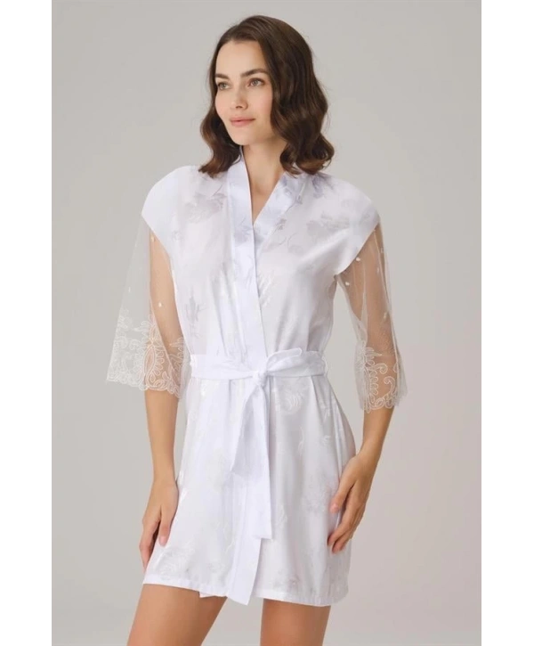 Çeyizlik Uzun Kol V Yaka Kadın Saten Düz Yazlık Mini Dantel Detaylı Sabahlık