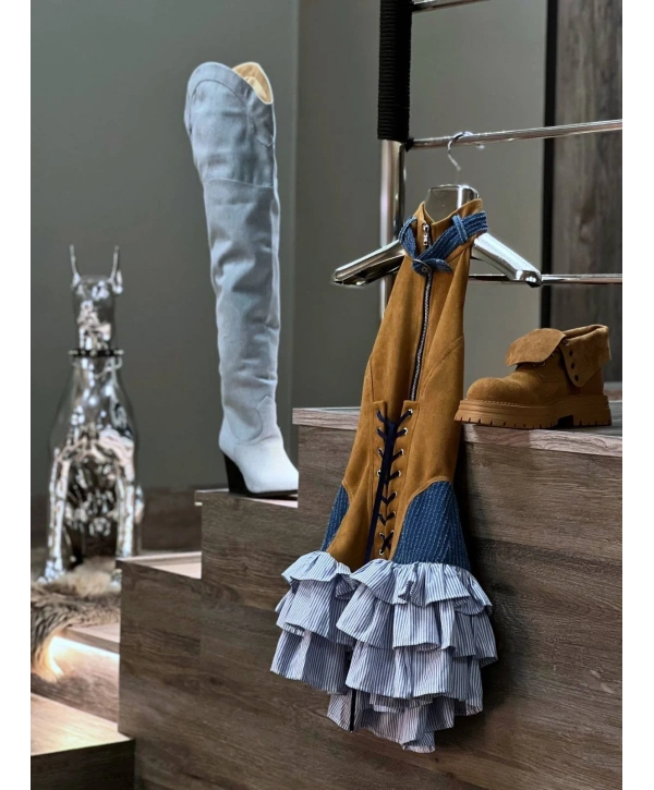CHEROKEE SÜET DENIM DETAYLI PREMIUM ELBİSE KAHVERENGİ