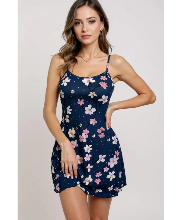 Çiçek Desenli Mavi Askılı Gecelik