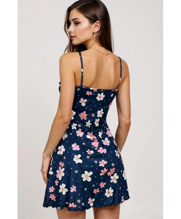 Çiçek Desenli Mavi Askılı Gecelik