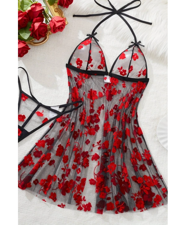 Çiçek Desenli Siyah Transparan Gecelik TM1319