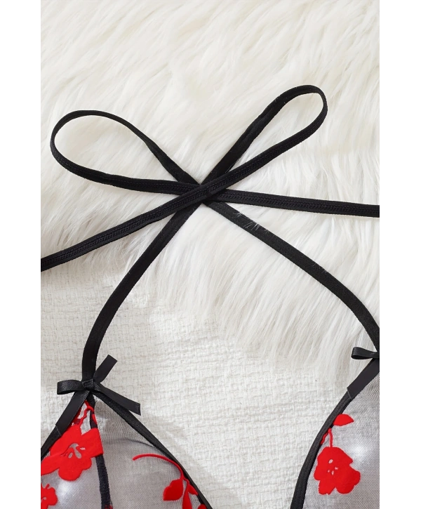 Çiçek Desenli Siyah Transparan Gecelik TM1319