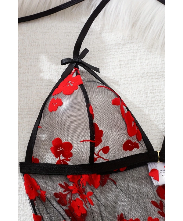 Çiçek Desenli Siyah Transparan Gecelik TM1319