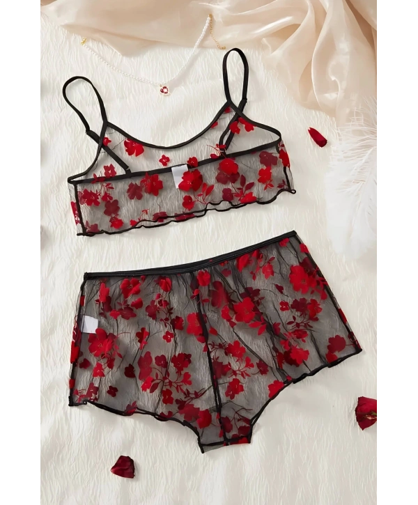 Çiçek Desenli Siyah Transparan Şortlu Gecelik TM1377