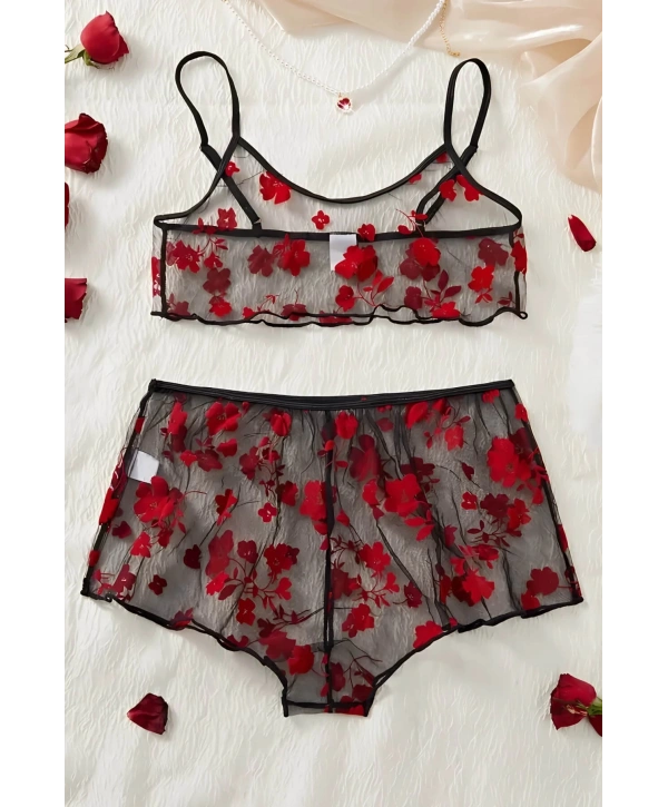 Çiçek Desenli Siyah Transparan Şortlu Gecelik TM1377