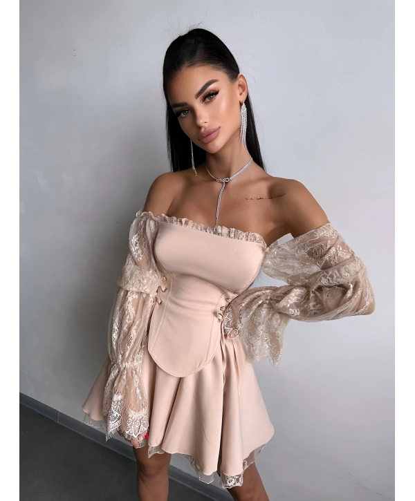 CORSET DANTEL DETAY ELBİSE BEJ