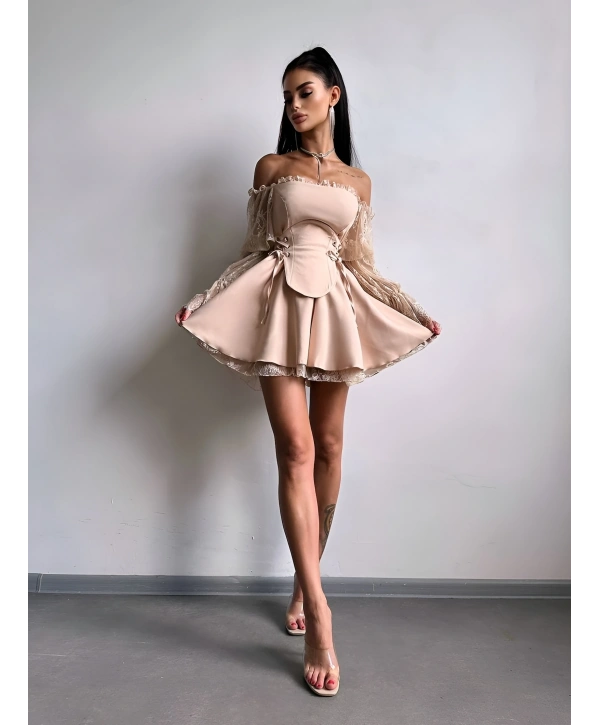 CORSET DANTEL DETAY ELBİSE BEJ