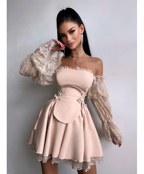 CORSET DANTEL DETAY ELBİSE BEJ