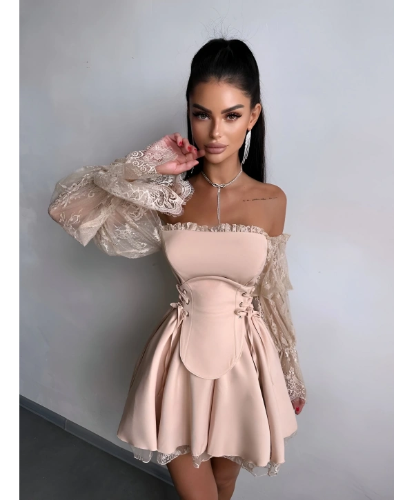 CORSET DANTEL DETAY ELBİSE BEJ