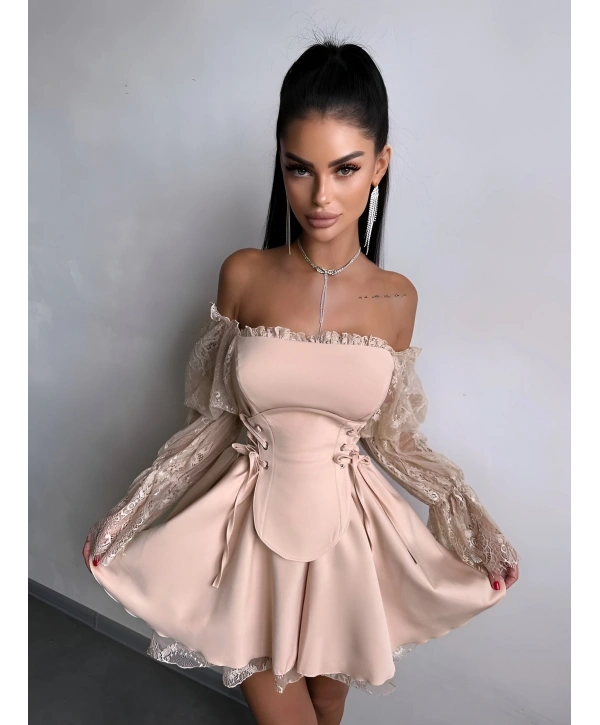 CORSET DANTEL DETAY ELBİSE BEJ