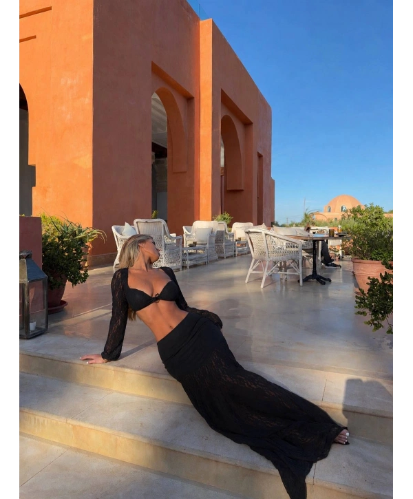 DANTEL UZUN ETEK & BRALET SET SİYAH