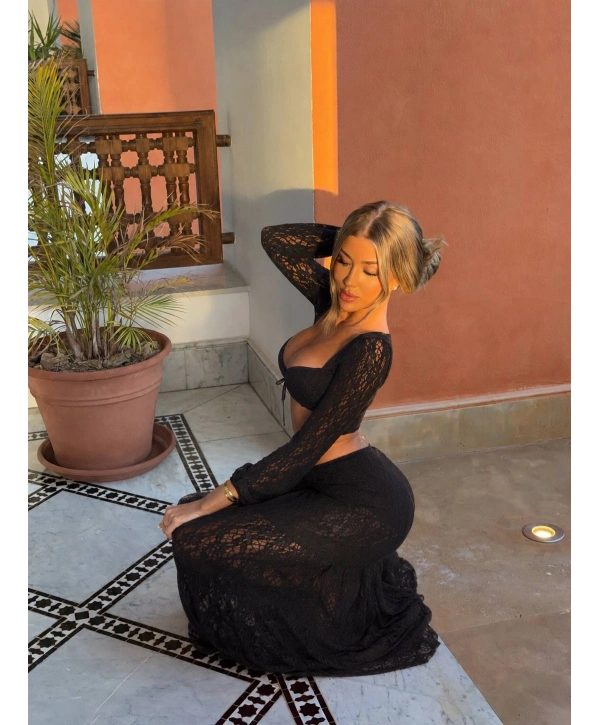 DANTEL UZUN ETEK & BRALET SET SİYAH