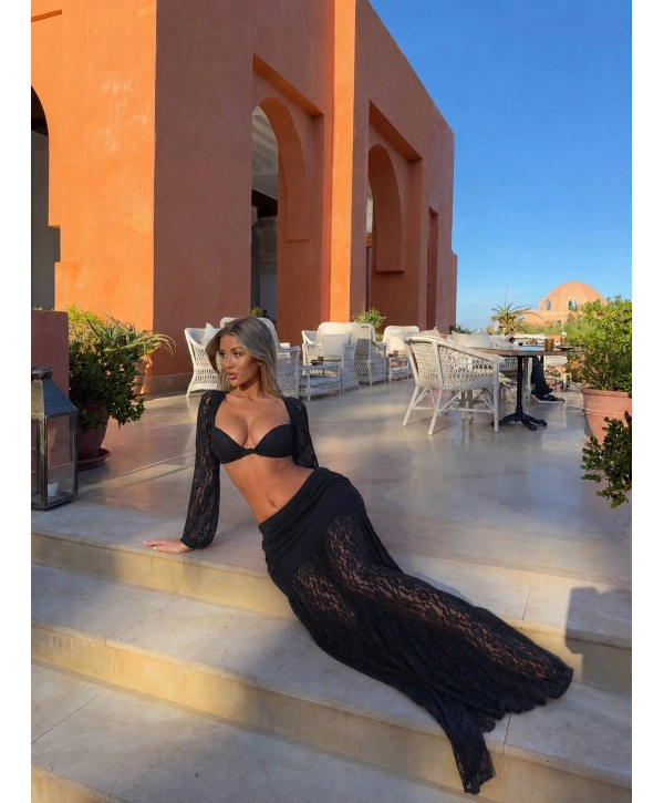 DANTEL UZUN ETEK & BRALET SET SİYAH