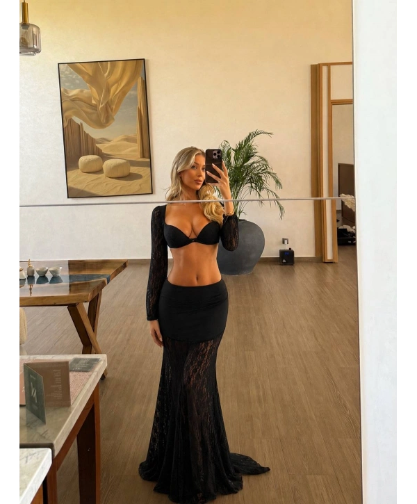 DANTEL UZUN ETEK & BRALET SET SİYAH