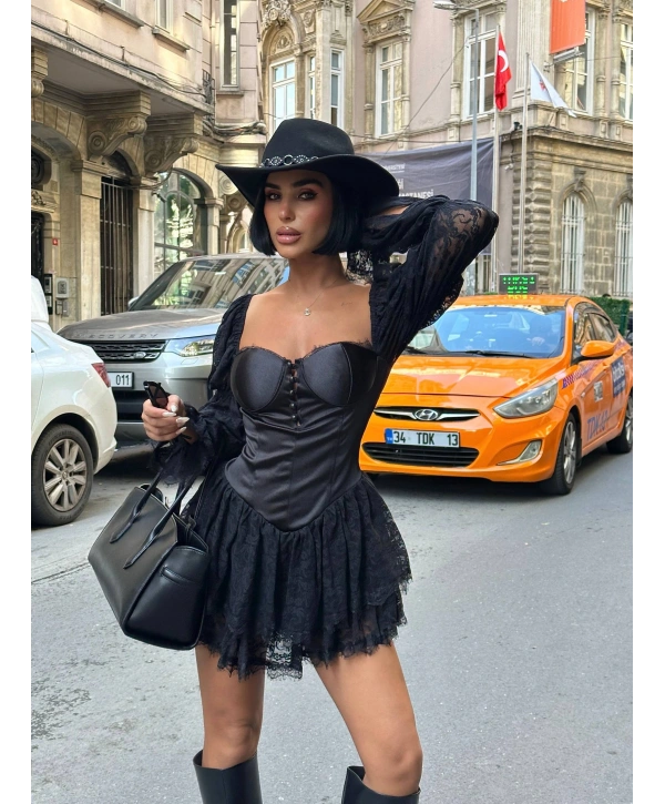 DANTEL VE SATEN UZUN KOL GLOPLU ELBİSE SİYAH