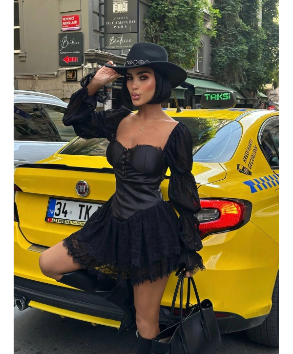 DANTEL VE SATEN UZUN KOL GLOPLU ELBİSE SİYAH