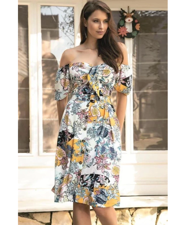 Dokuma Önden Bağlamalı Çiçek Baskılı Omuzu Düşük Büstiyer ve Önden Düğmeli Etek Takım