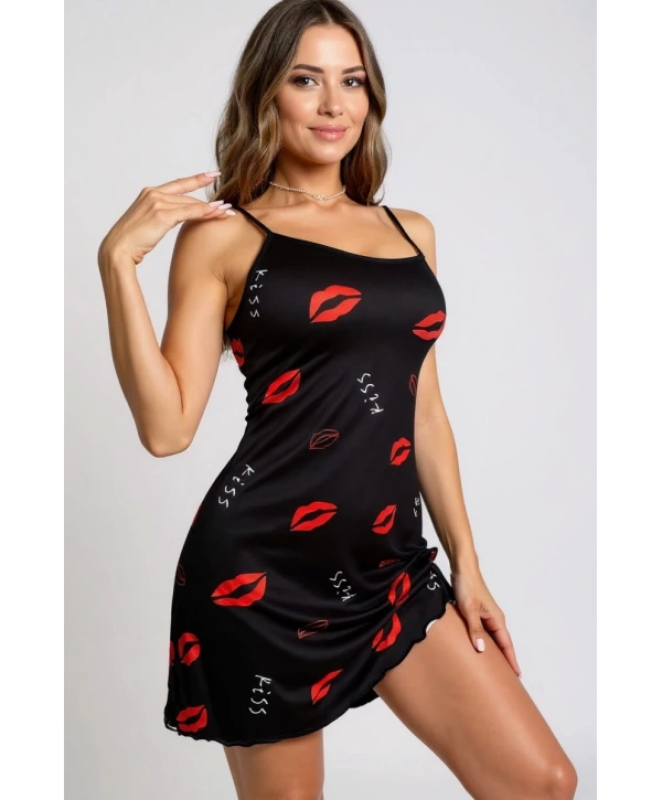 Dudak Desenli Siyah Askılı Gecelik