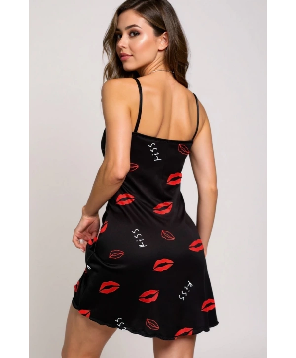 Dudak Desenli Siyah Askılı Gecelik