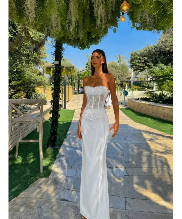GOWN DANTEL BÜSTİYER & SATEN ETEK TAKIM BEYAZ