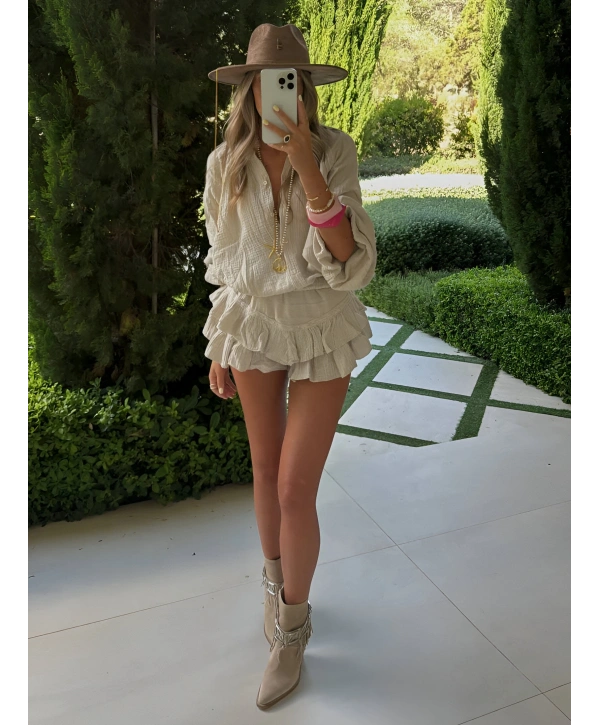 HARLOW YIKAMALI MUSLİN KUMAŞ ŞORTLU ELBİSE BEJ