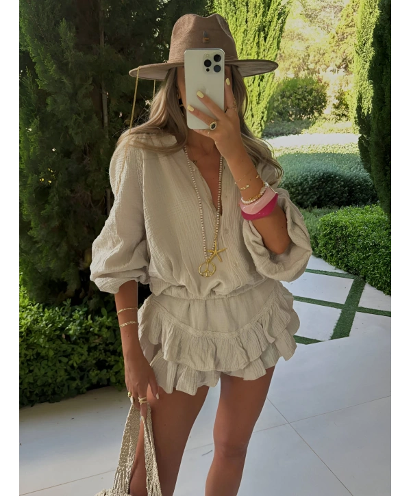 HARLOW YIKAMALI MUSLİN KUMAŞ ŞORTLU ELBİSE BEJ