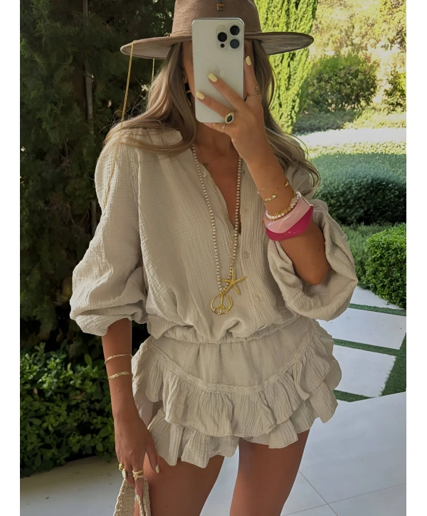 HARLOW YIKAMALI MUSLİN KUMAŞ ŞORTLU ELBİSE BEJ