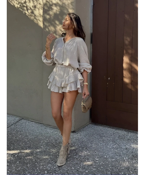 HARLOW YIKAMALI MUSLİN KUMAŞ ŞORTLU ELBİSE BEJ
