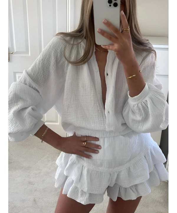 MORLİVA HARLOW YIKAMALI MUSLİN KUMAŞ ŞORTLU ELBİSE BEYAZ