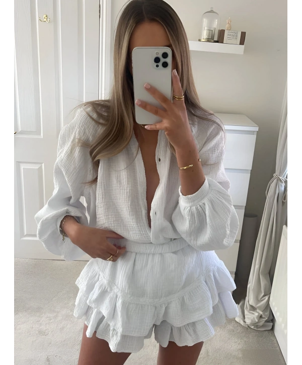 MORLİVA HARLOW YIKAMALI MUSLİN KUMAŞ ŞORTLU ELBİSE BEYAZ