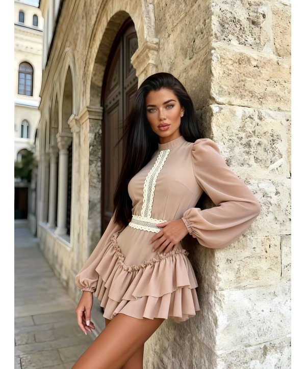 JESSİCA ŞİFON GÜPÜR DETAY ELBİSE BEJ