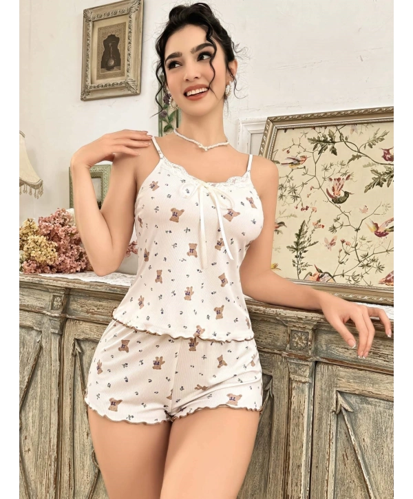 Kadın Ayıcık Desenli Şortlu Pijama Takım 5179