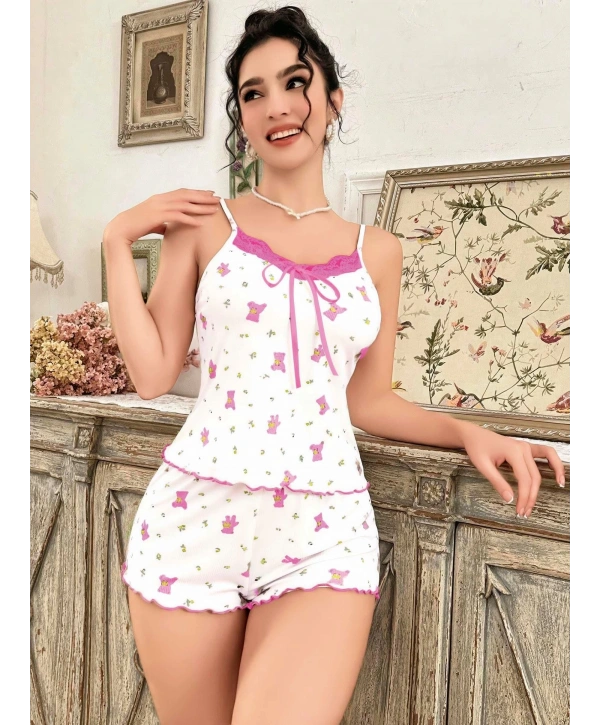 Kadın Ayıcık ve Çiçek Desenli Şortlu Gecelik Takım 5113