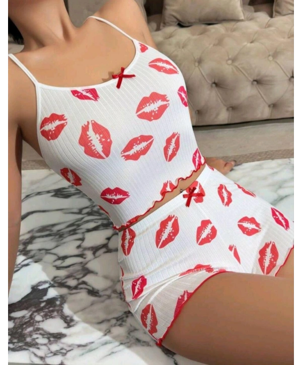 Kadın Beyaz Dudak Desenli Seksi Gecelik Takım 5021