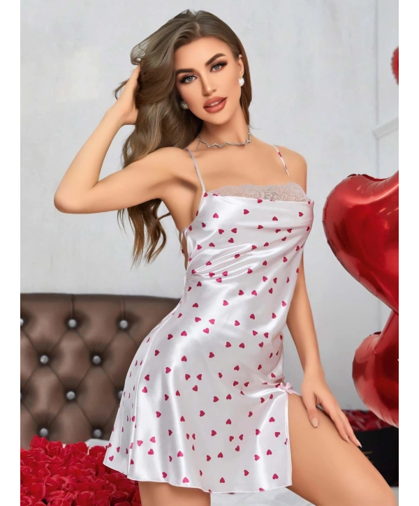 Kadın Beyaz Fuşya Kalp Desenli saten Gecelik 2219