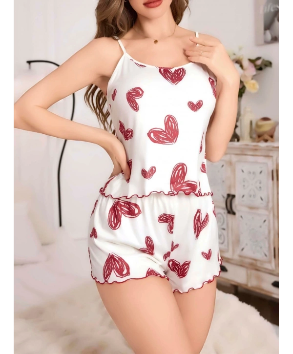 Kadın Beyaz Kalp desenli Şortlu Gecelik Pijama Takımı 5052