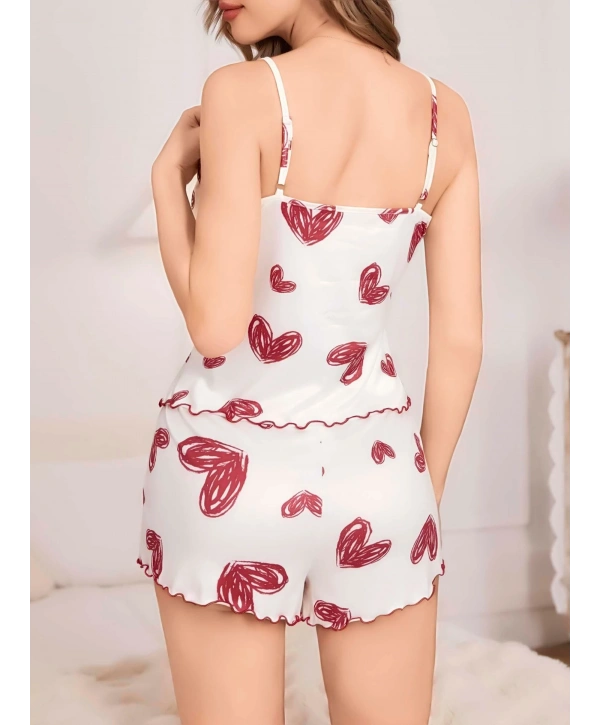 Kadın Beyaz Kalp desenli Şortlu Gecelik Pijama Takımı 5052