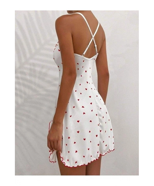 Kadın Beyaz Kırmızı Kalp Desenli Askılı  Elbise 5066