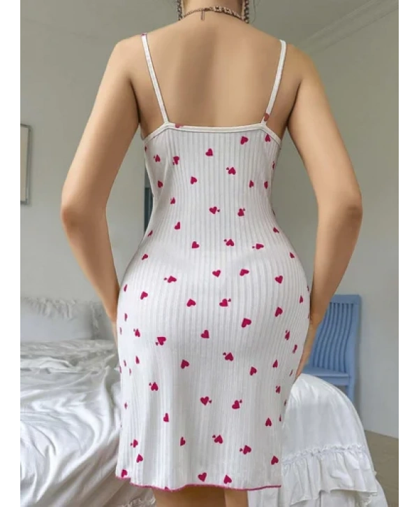 Kadın Beyaz Kırmızı Kalp Desenli Yandan Dantel Detaylı Askılı Elbise 5070