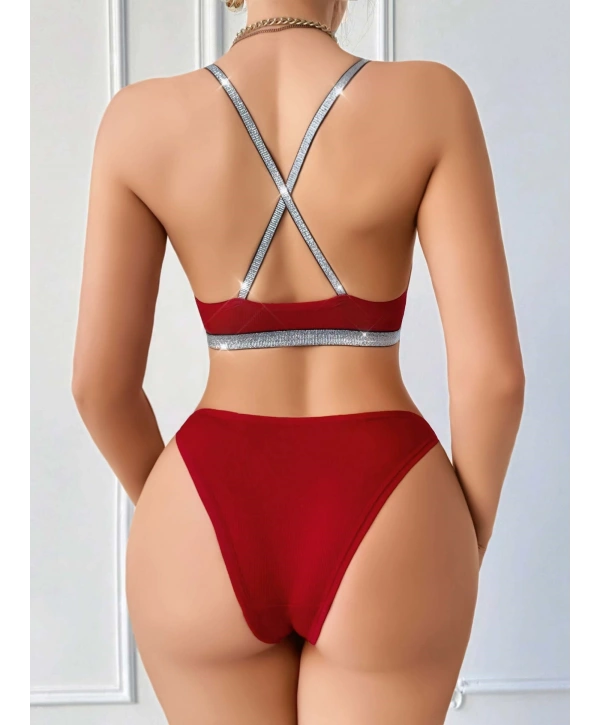Kadın Bordo Love Yazılı Arkası Çarpraz Sütyen Kilot Takımı 5169