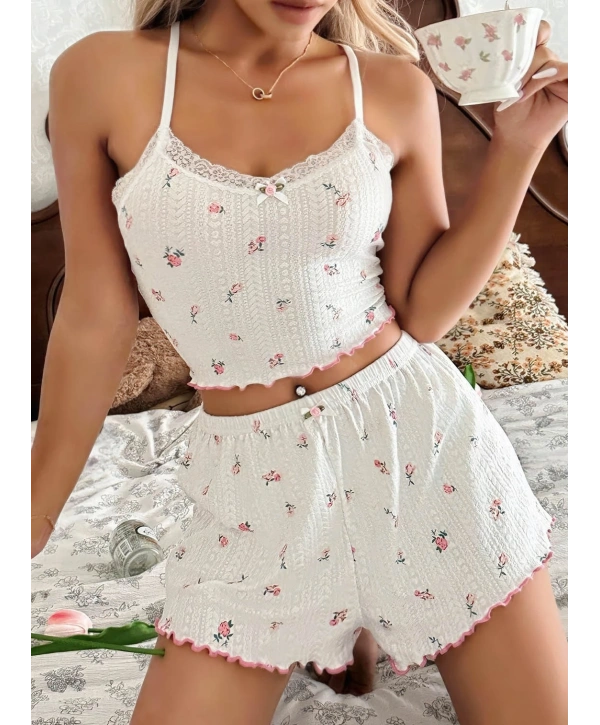 Kadın Çiçek Desenli Dantel Askılı Şortlu Pijama Takımı 5235