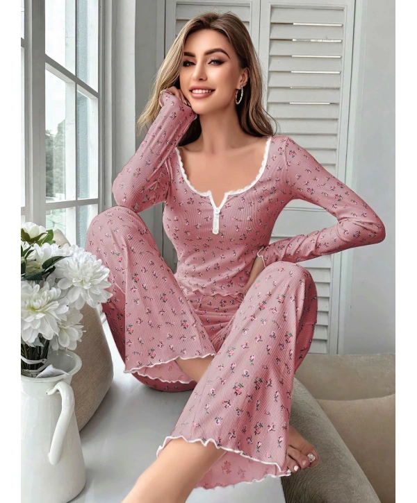 Kadın Çiçek Desenli Yumuşak Pamuklu Uzun Pijama Takımı 5132