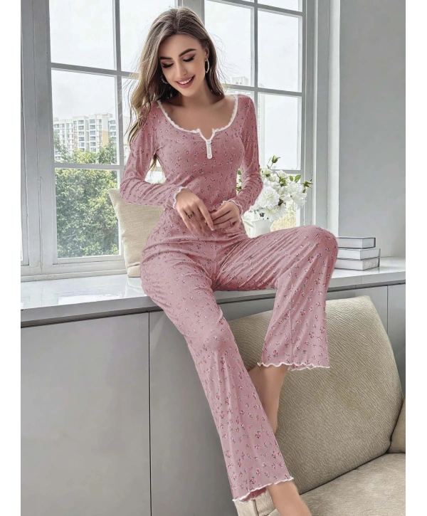 Kadın Çiçek Desenli Yumuşak Pamuklu Uzun Pijama Takımı 5132