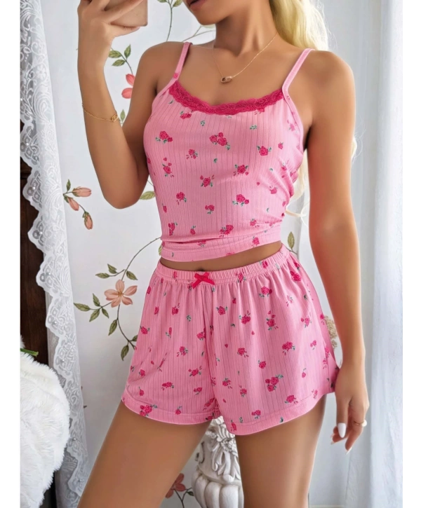 Kadın Çiçekli Dantelli Şortlu Pijama Takım 5177
