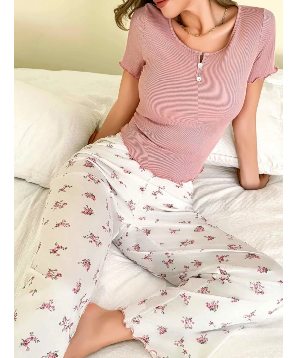 Kadın Çiçekli Desen Yumuşak Pamuklu Uzun Pijama Takımı 5131