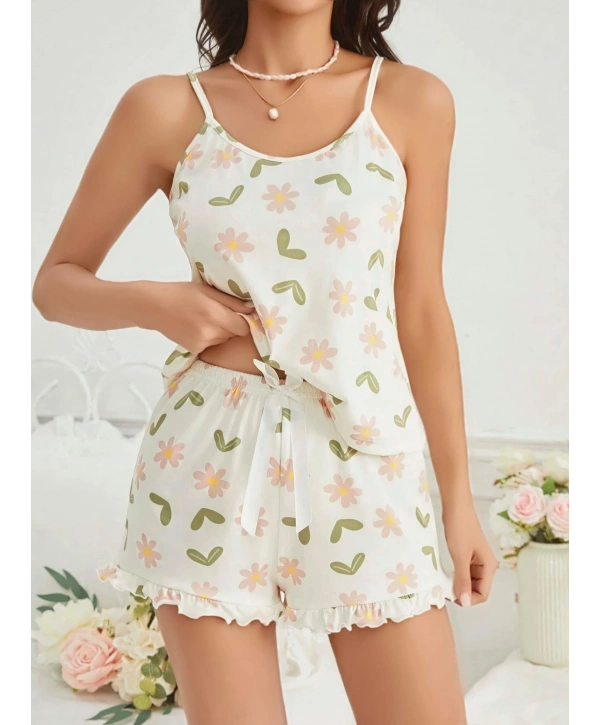 Kadın Ekru Çiçek Baskılı Şortlu Gecelik Pijama Takımı 5047