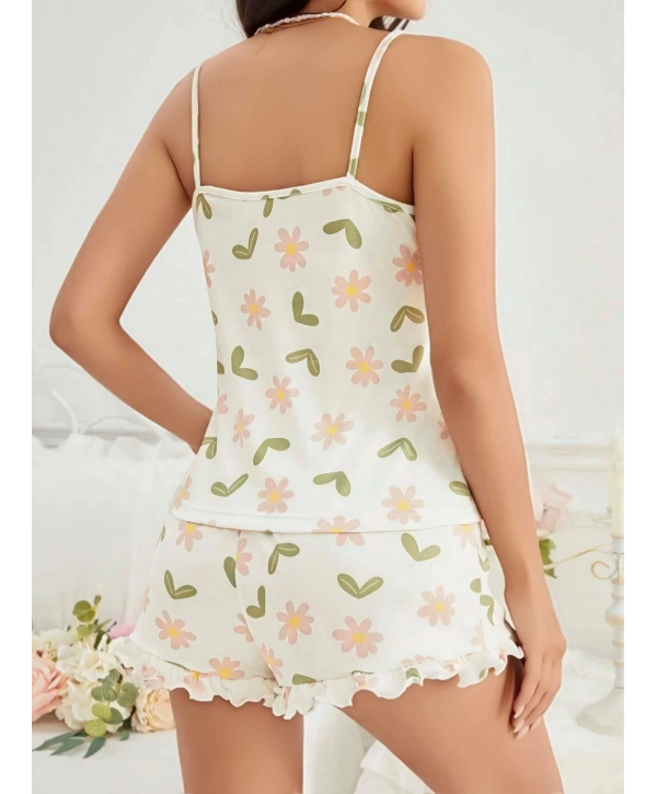 Kadın Ekru Çiçek Baskılı Şortlu Gecelik Pijama Takımı 5047