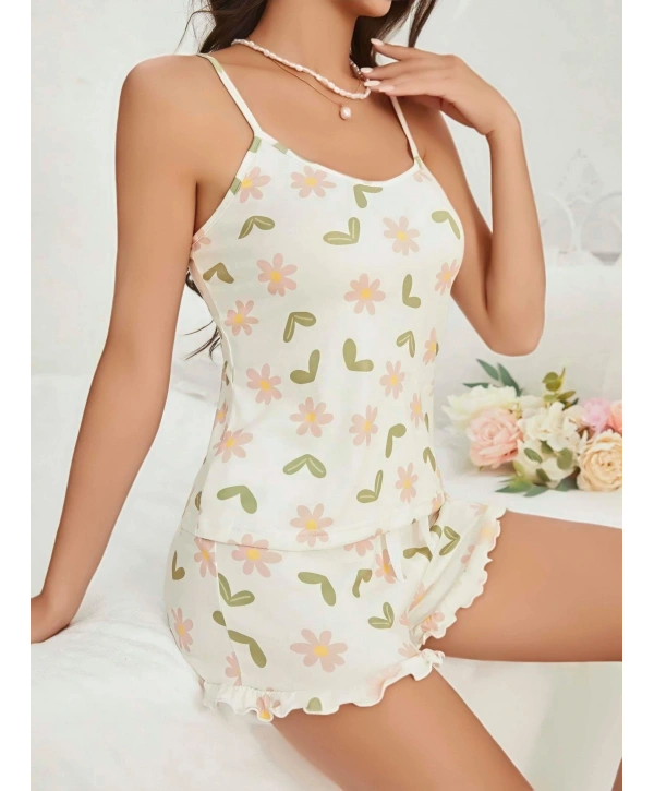 Kadın Ekru Çiçek Baskılı Şortlu Gecelik Pijama Takımı 5047